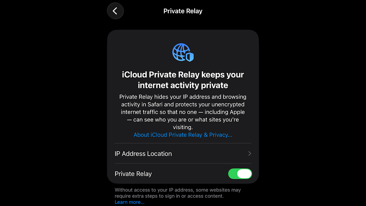 The Private Relay toggle on an iPhone