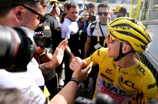 PLATEAU DE BEILLE FRANCE JULY 14 Stage winner Tadej Pogacar of Slovenia and UAE Team Emirates Yellow Leader Jersey reacts after the 111th Tour de France 2024 Stage 15 a 1977km stage from Loudenvielle to Plateau de Beille 1782m UCIWT on July 14 2024 in Plateau de Beille France Photo by Marco Bertorello PoolGetty Images