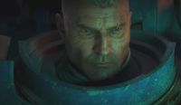 A Space Marine with his helmet off. He's older, with a strong jaw and steely eyes