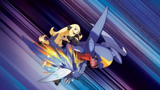 A character rides a Pokemon against a purple, blue, and black background