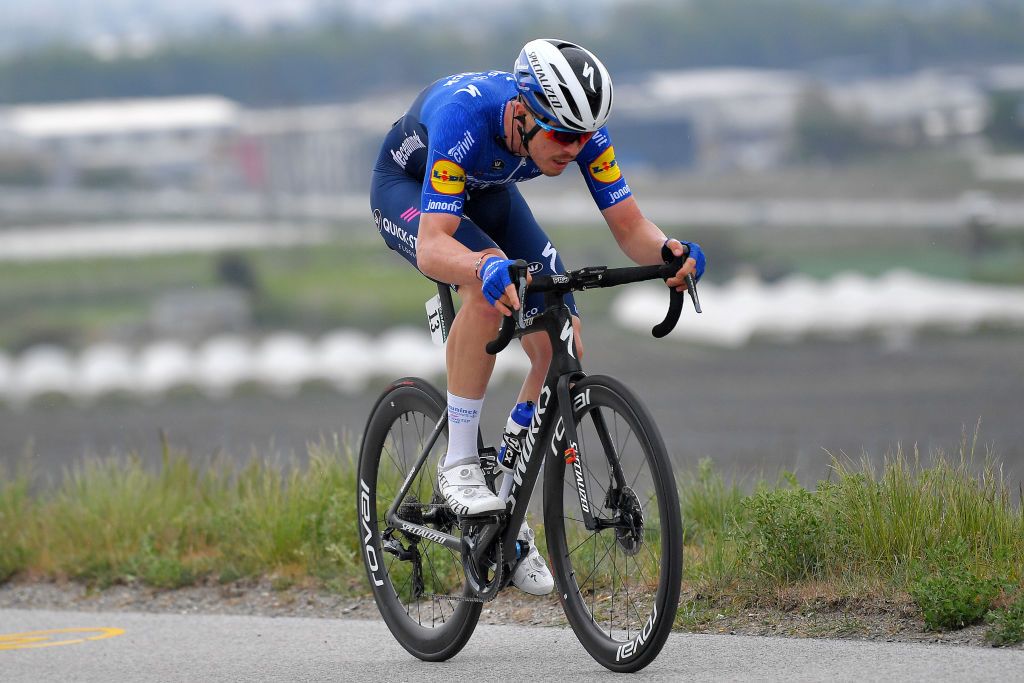 MARTIGNY SWITZERLAND APRIL 28 Remi Cavagna of France and Team Deceuninck QuickStep attack on breakaway during the 74th Tour De Romandie 2021 Stage 1 a 1681km stage from Aigle to Martigny TDR2021 TDRnonstop UCIworldtour on April 28 2021 in Martigny Switzerland Photo by Luc ClaessenGetty Images