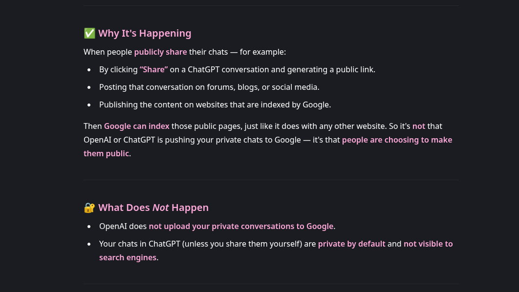 ChatGPT response when asked under what situations your chats would appear in Google Search results.