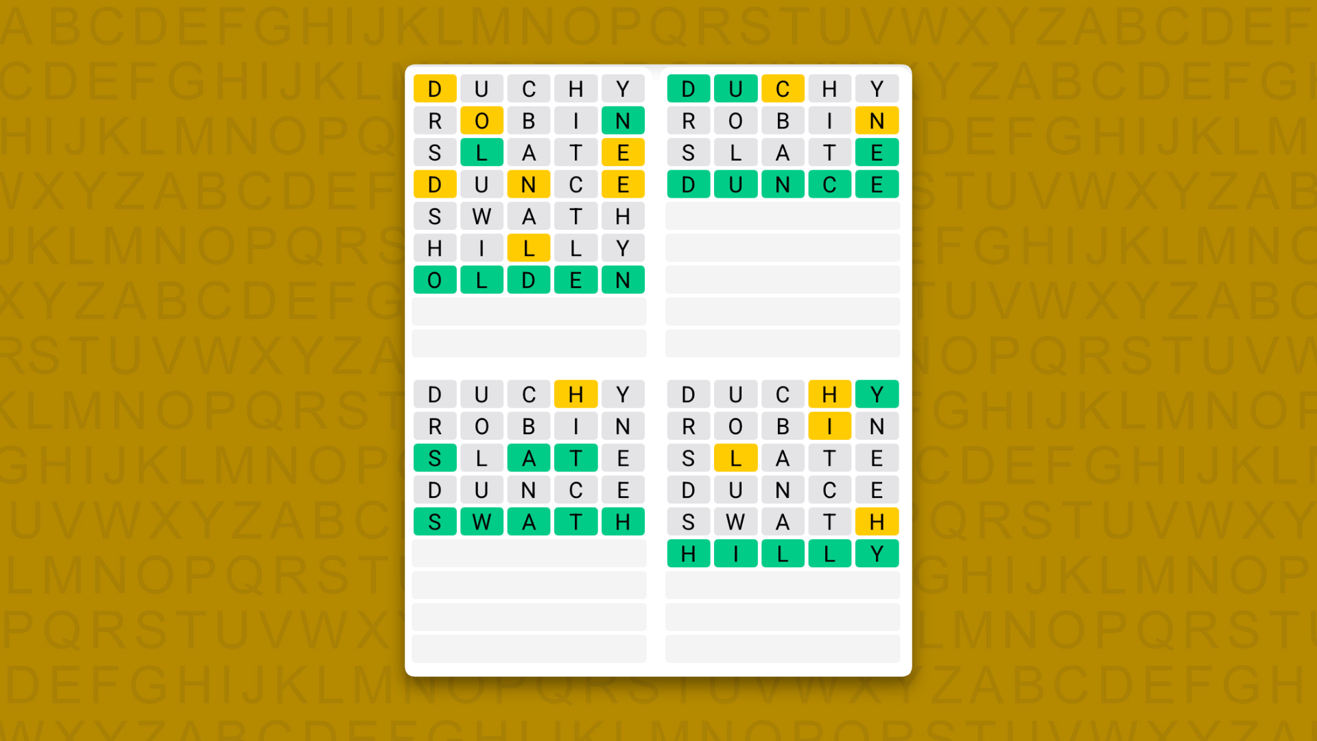 Quordle answers for game 1719 on a yellow background