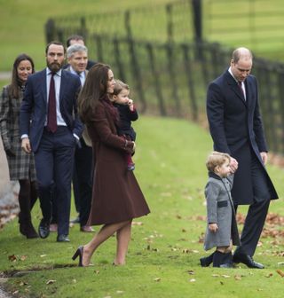 Prince William, Duke of Cambridge, Catherine, Duchess of Cambridge, Prince George of Cambridge, Princess Charlotte of Cambridge, Pippa Middleton and James Middleton attend Church on Christmas Day 2016