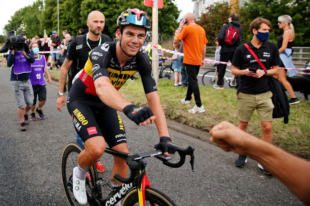 GATESHEAD ENGLAND SEPTEMBER 10 Wout Van Aert of Belgium and Team Jumbo Visma celebrates winning during the 17th Tour of Britain 2021 Stage 6 a 198km stage from Carlisle to Gateshead TourofBritain TourofBritain on September 10 2021 in Gateshead England Photo by Alex LiveseyGetty Images
