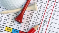 How many golfers break 90: Golf scorecard detail with golf ball, tees and pencil GettyImages-96451938