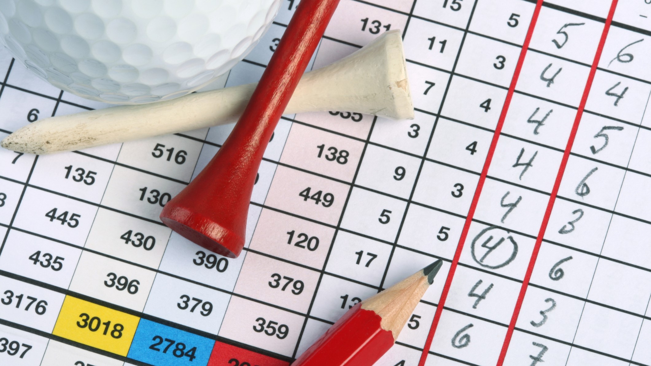 Golf scorecard detail with golf ball, tees and pencil  GettyImages-96451938