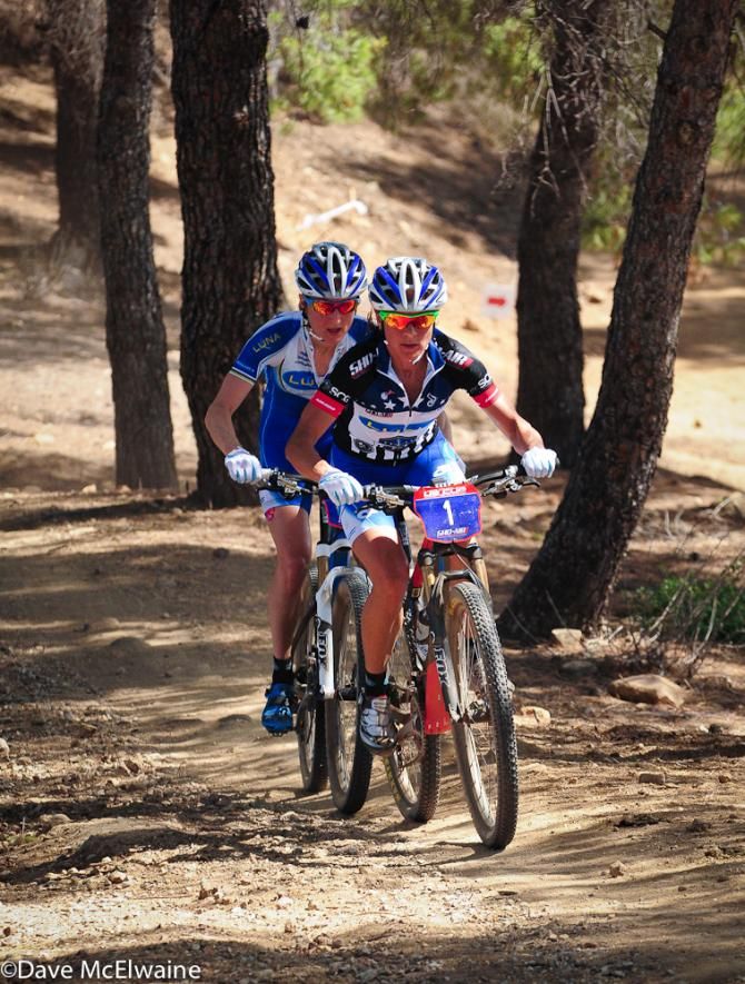 Katerina Nash leading Luna team-mate Catharine Pendrel up the longest climb during lap two