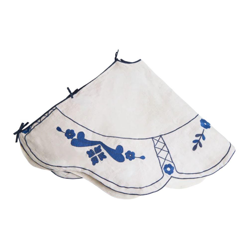 Blue Floral Embroidered Tree Skirt