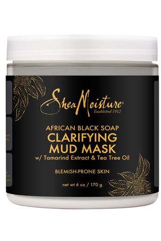 A jar of SheaMoisture Clarifying Mud Mask African Black Soap set against a white background.