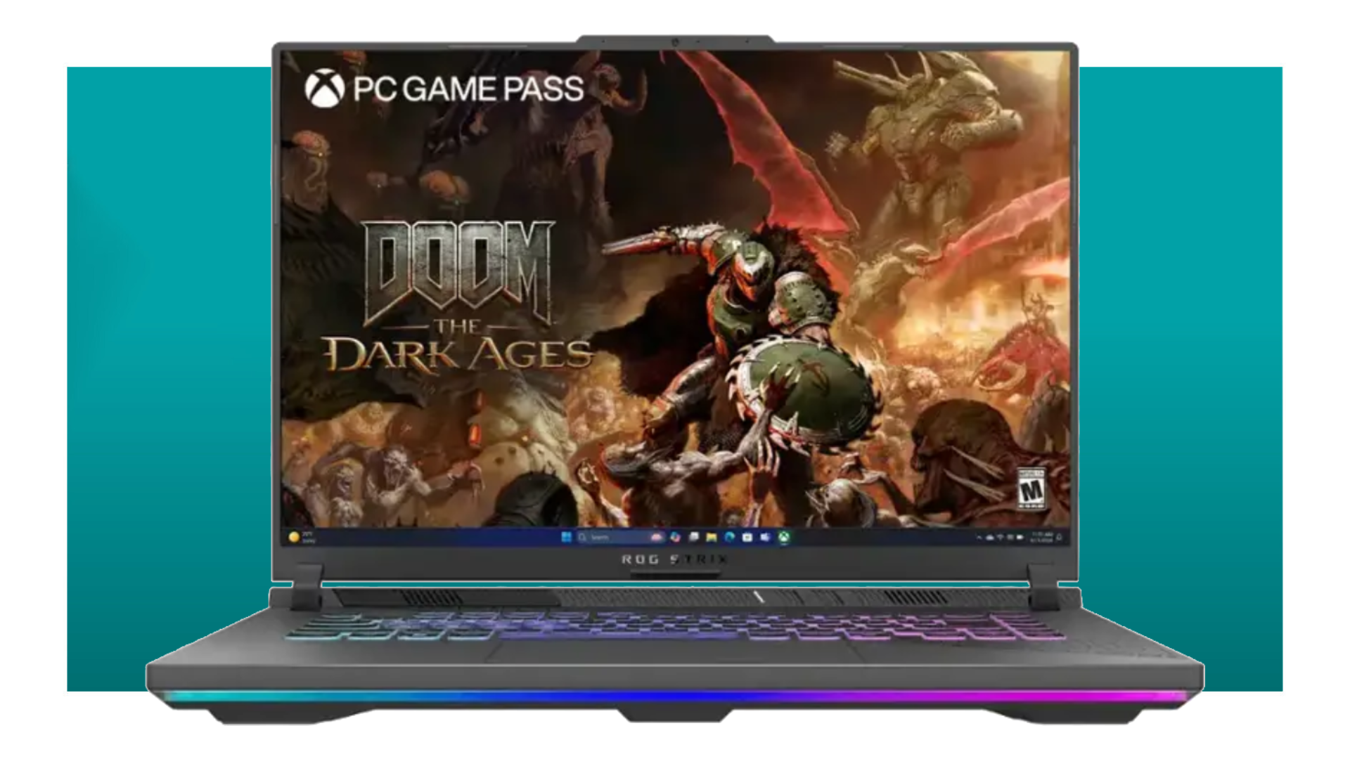 The Asus ROG Strix G16 gloats in the teal PCG deal void. Artwork for DOOM: The Dark Ages is displayed on this gaming laptop&#039;s screen.