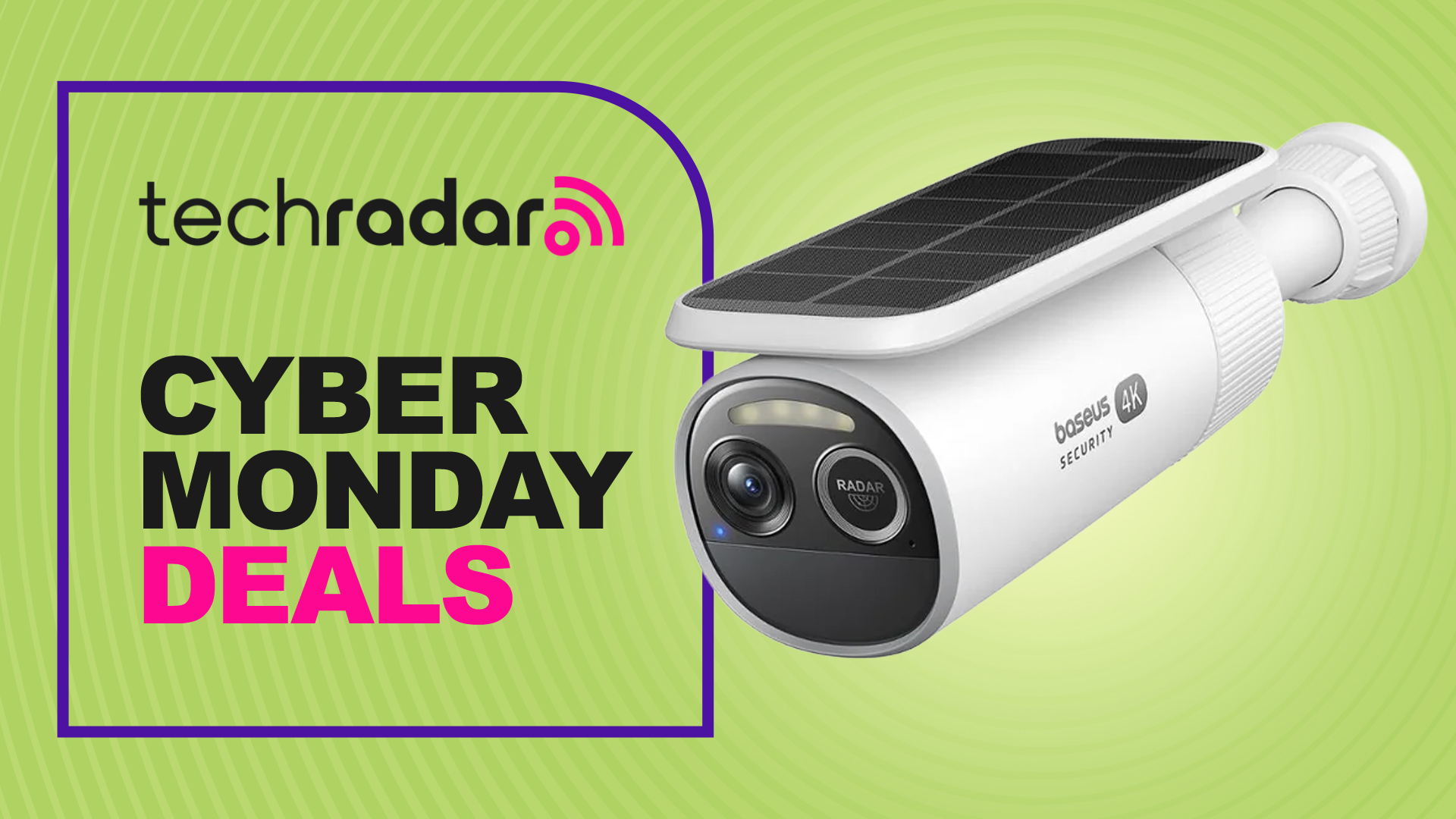 Baseus security camera on green background with text &#039;TechRadar Cyber Monday Deals&#039;