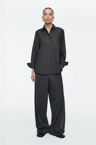 Wide-Leg Pinstriped Wool Trousers