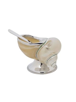 A sugar bowl shaped out of a mother of pearl shell features silver details and a surreal aesthetic.