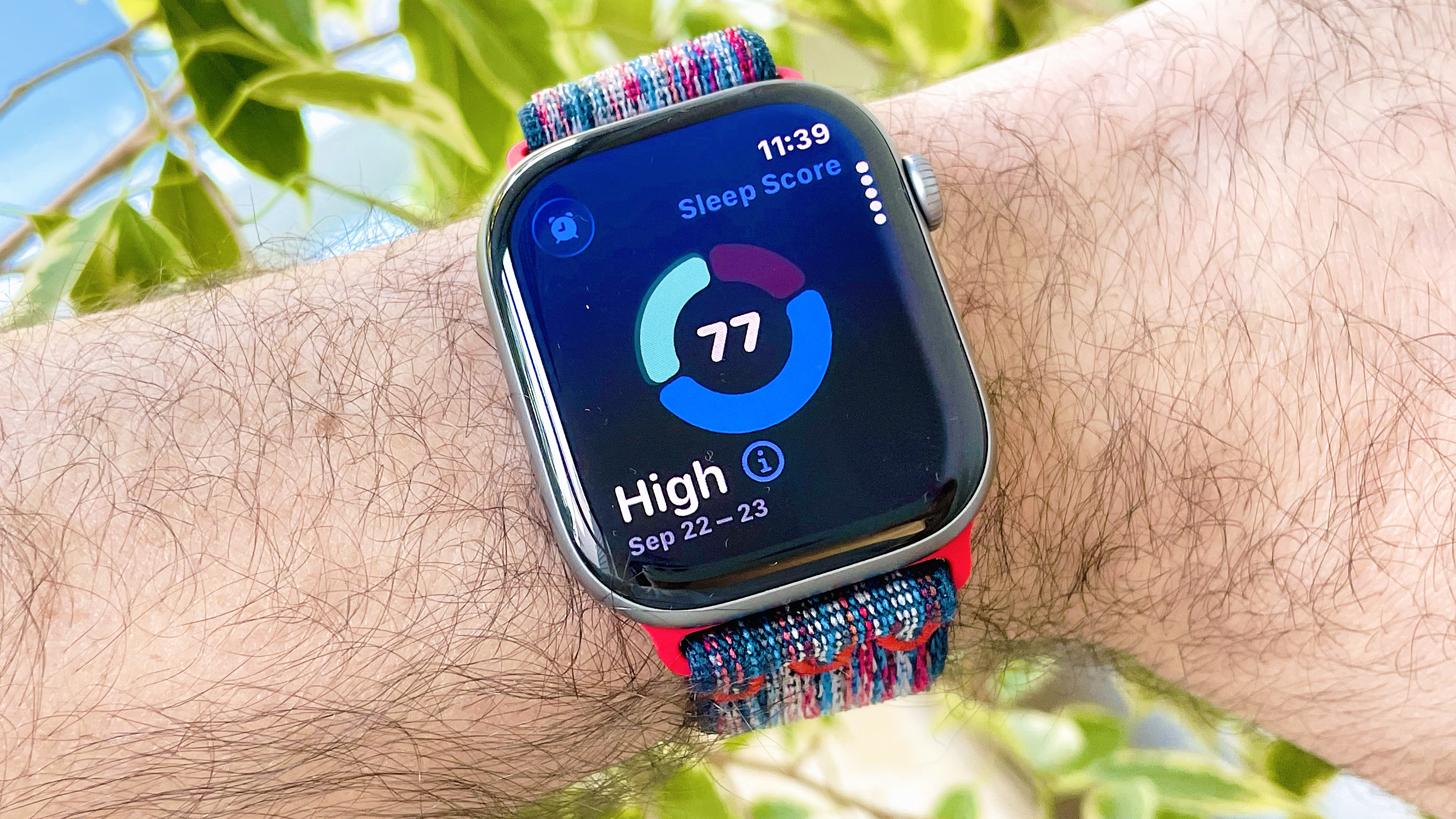 Close-up of the Apple Watch Series 11 showing a user&#039;s sleep score