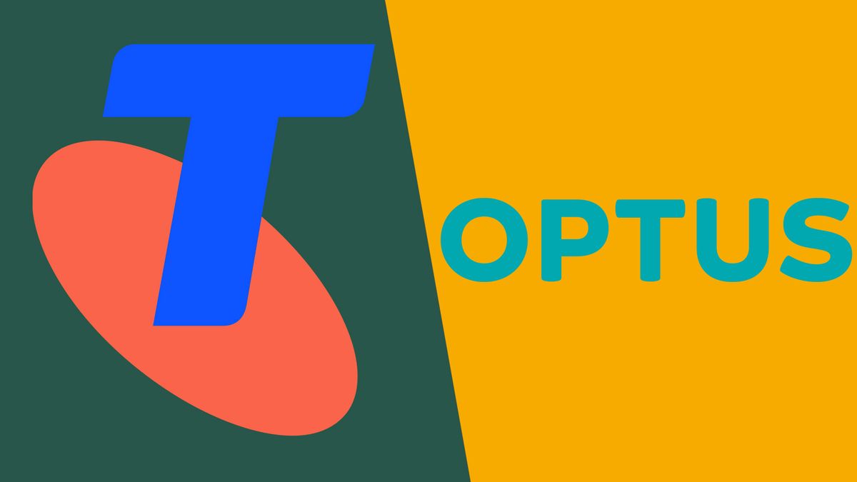 Telstra logo on green background side-by-side with Optus logo on yellow background