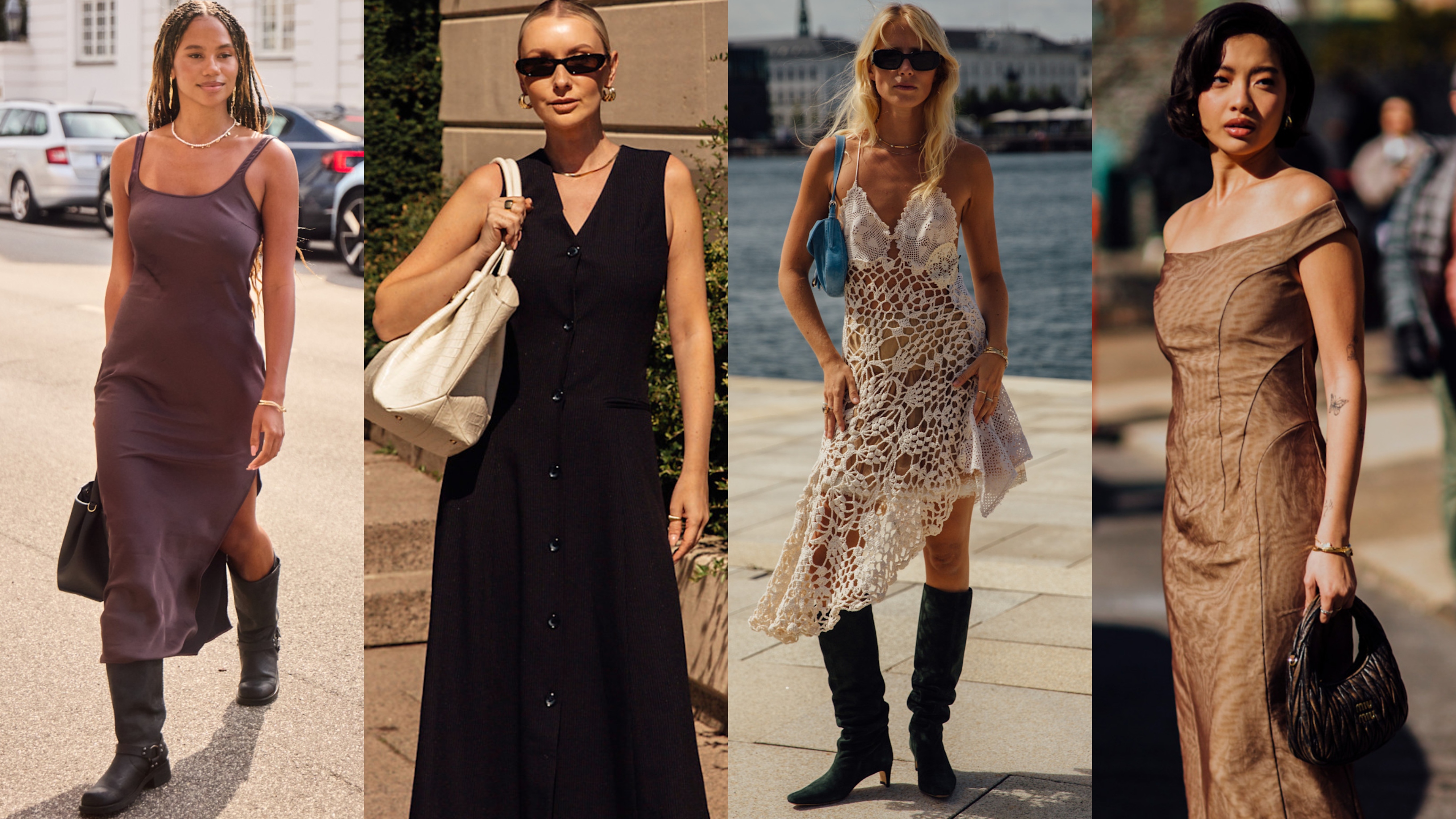collage of women wearing transitional dresses