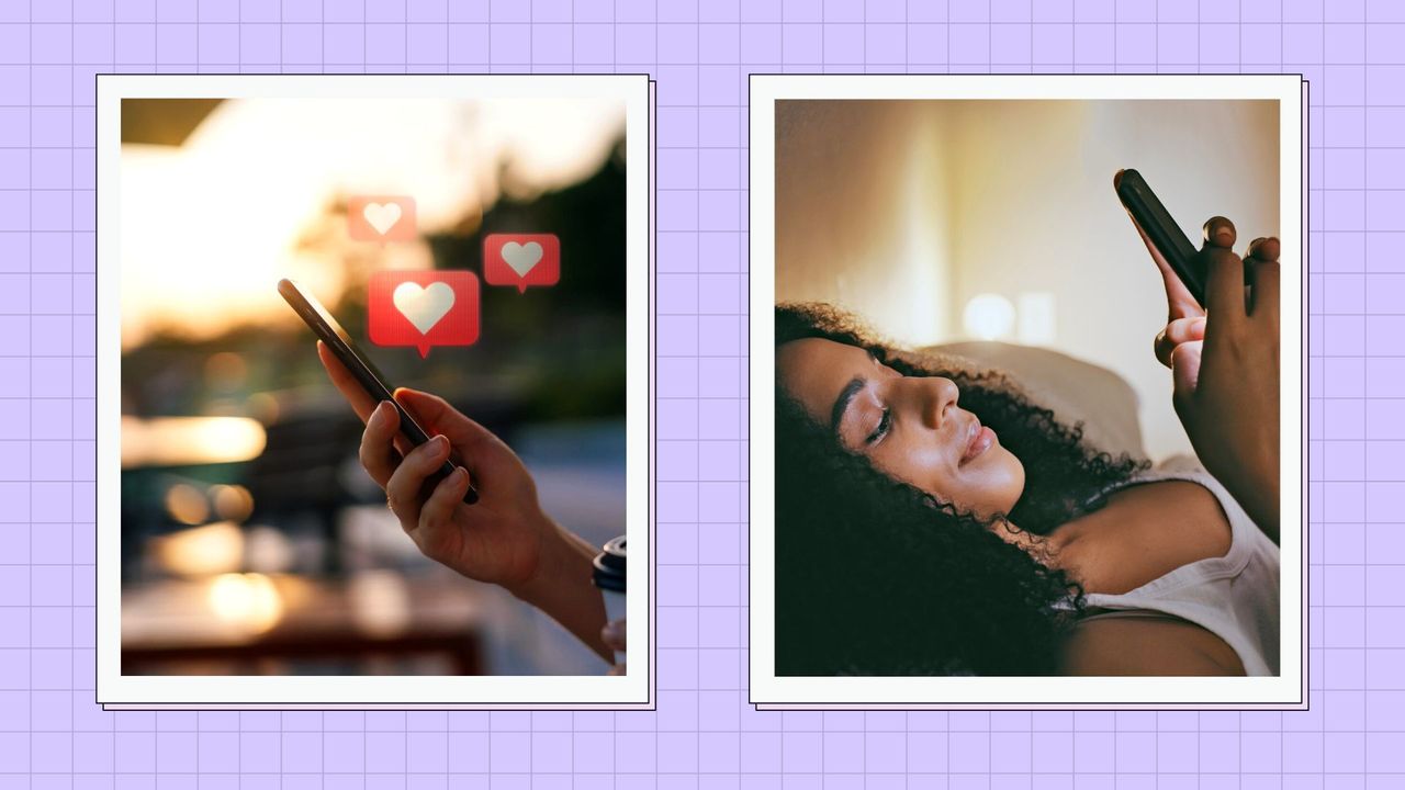 two images, the first showing a phone with &#039;heart&#039; emojis coming out of it, and the other showing a woman smiling at her phone, against a purple square background