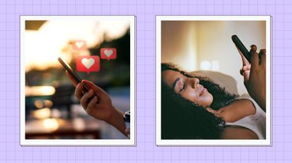 two images, the first showing a phone with 'heart' emojis coming out of it, and the other showing a woman smiling at her phone, against a purple square background