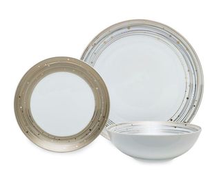 12 Piece Glisten Dinner Set, white with platinum and gold detailing - 1 large plate, 1 small plate and 1 bowl