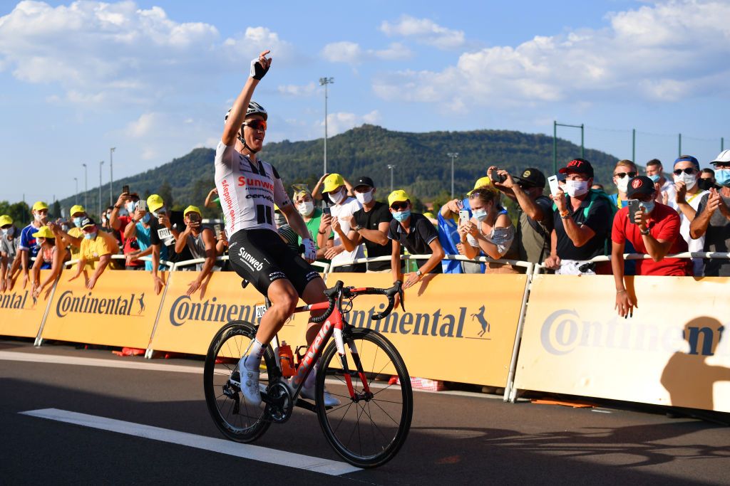 CHAMPAGNOLE FRANCE SEPTEMBER 18 Arrival Soren Kragh Andersen of Denmark and Team Sunweb Celebration Public Fans during 107th Tour de France 2020 Stage 19 a 1665km stage from Bourg en Bresse to Champagnole 547m TDF2020 LeTour on September 18 2020 in Champagnole France Photo by Stuart FranklinGetty Images