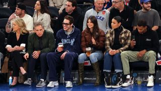 Christine Taylor, Ben Stiller, Pete Davidson, Emily Ratajkowski, Jordin Sparks and Dana Isaiah watch the action during the game between the Memphis Grizzlies and the New York Knicks at Madison Square Garden on November 27, 2022 in New York City