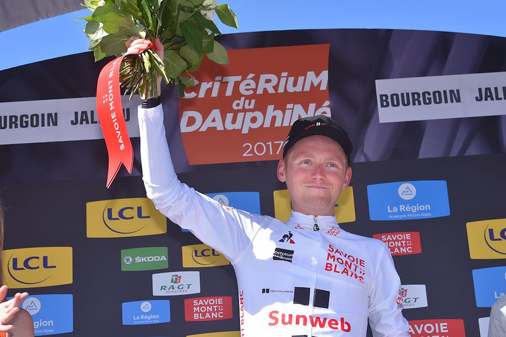 Sam Oomen in the white jersey after the Dauphine time trial