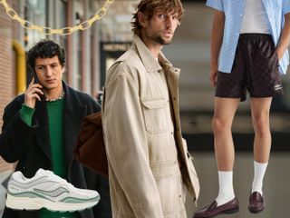 fashion collage of menswear-inspired trends for women including a canvas jacket, chain necklace, Umbro shorts, Saucony Progrid Omni 9 Sneakers, and a street style photo of Giovanni Dario Laudicina in a beaded necklace, green sweater, and black coat