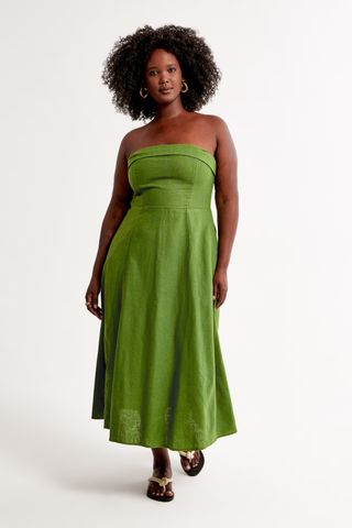 Abercrombie & Fitch Strapless Linen-Blend Midi Dress