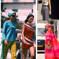 a collage of beach outfits on Jackie Kennedy and women at fashion week