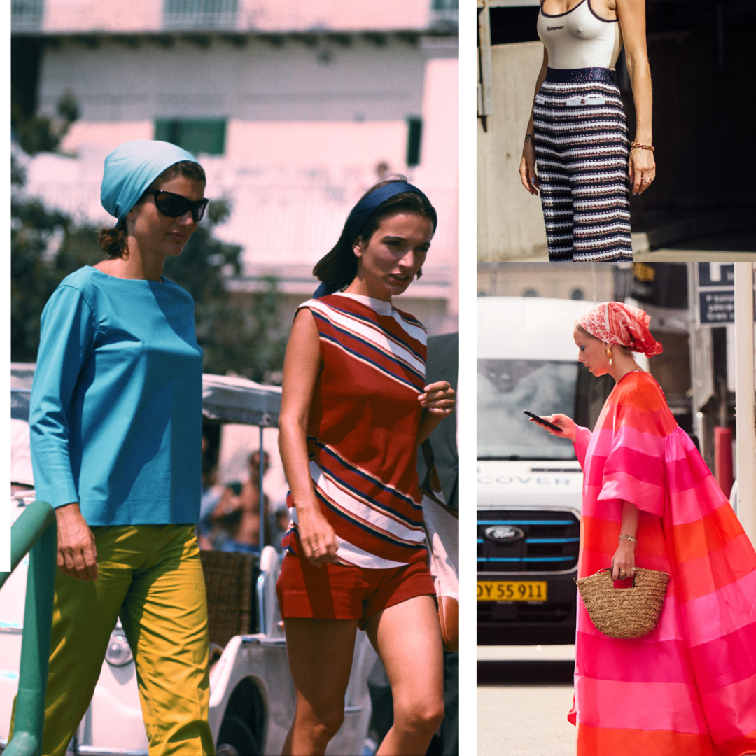 a collage of beach outfits on Jackie Kennedy and women at fashion week