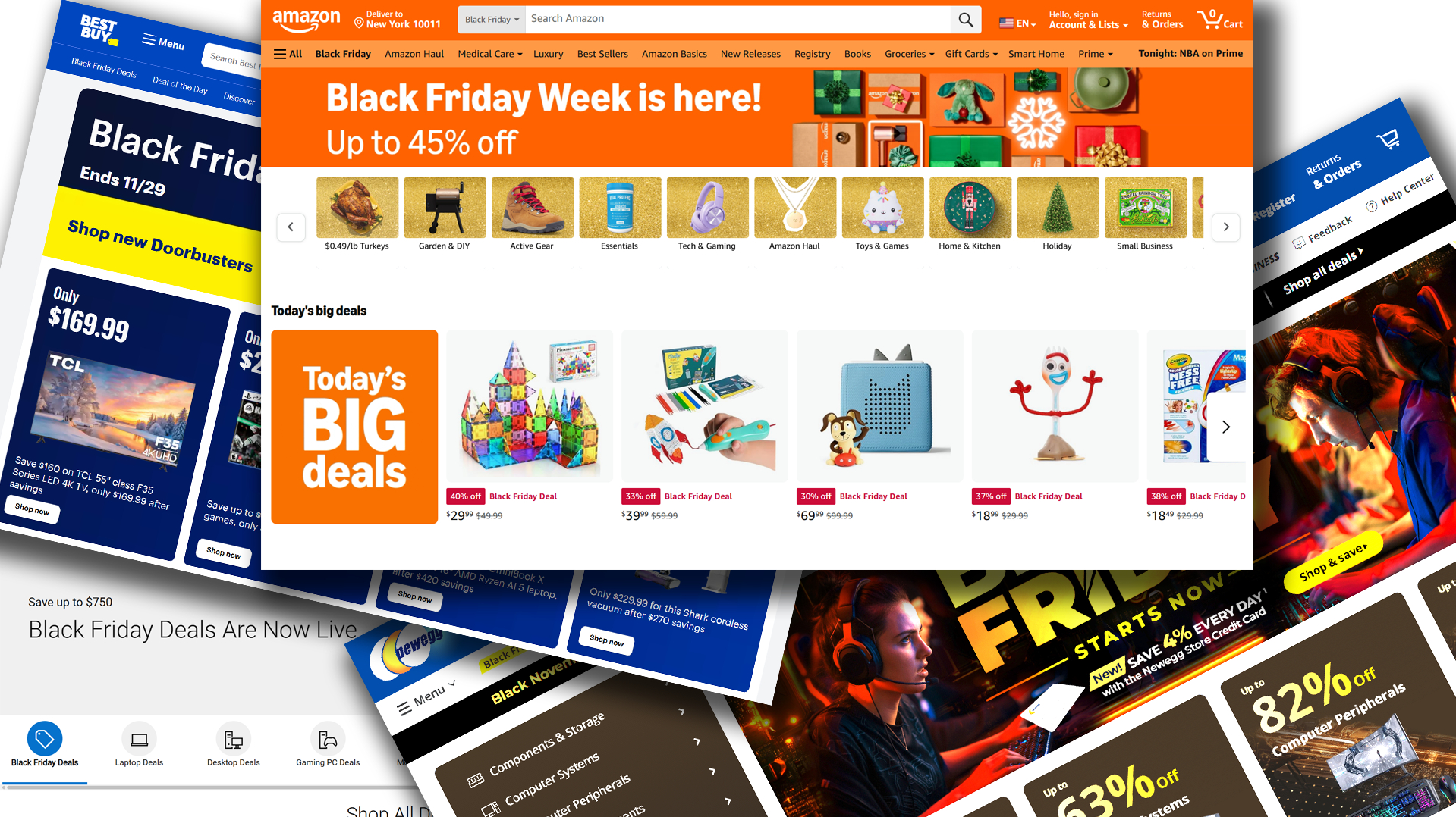 Collage of different retailers&#039; Black Friday pages
