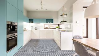 modern white kitchen with patterned vinyl flooring