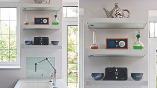 small kitchen storage idea showing three floating shelves on the small space of wall between the windows