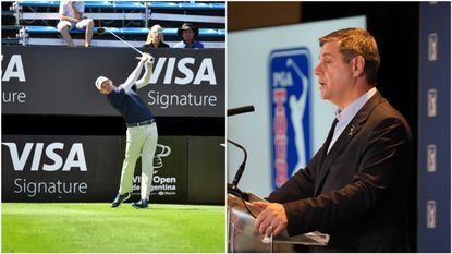 PGA Tour boss Brian Rolapp pictured alongside a Visa sign