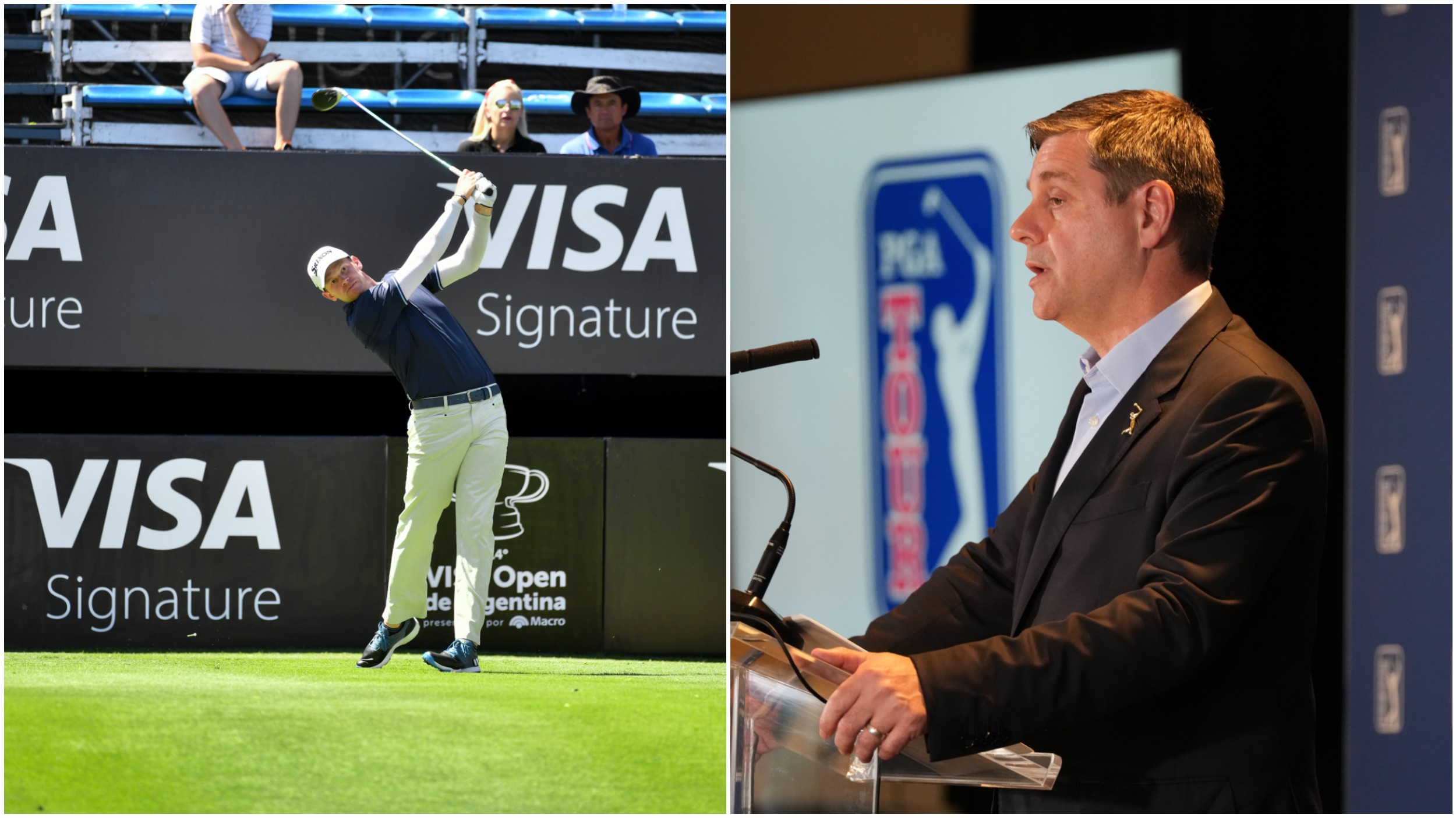 PGA Tour boss Brian Rolapp pictured alongside a Visa sign