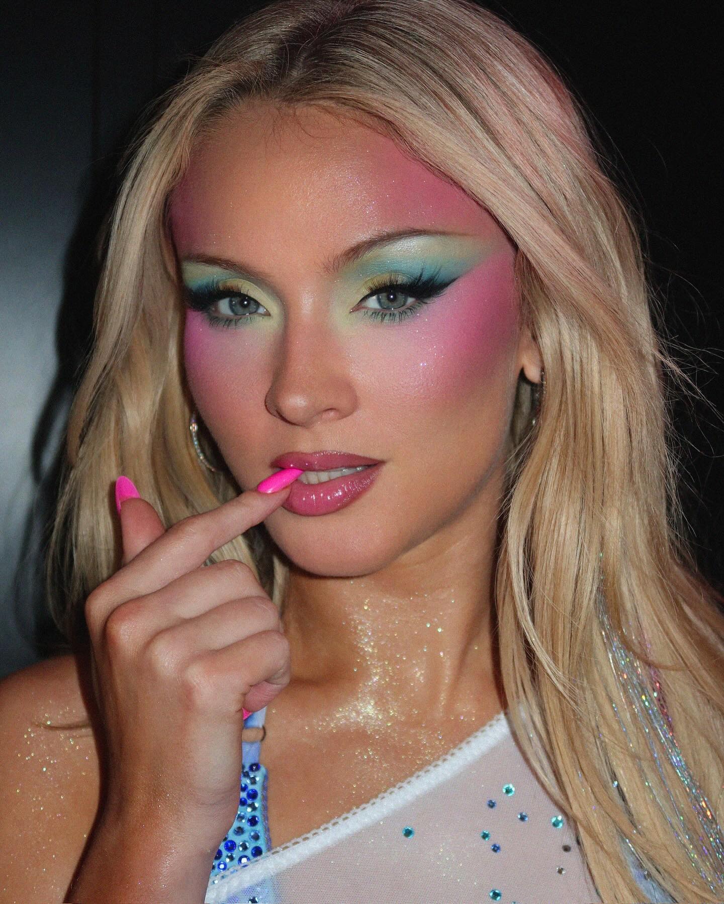 Zara Larsson wearing colorful makeup by makeup artist Sophia Sinot.