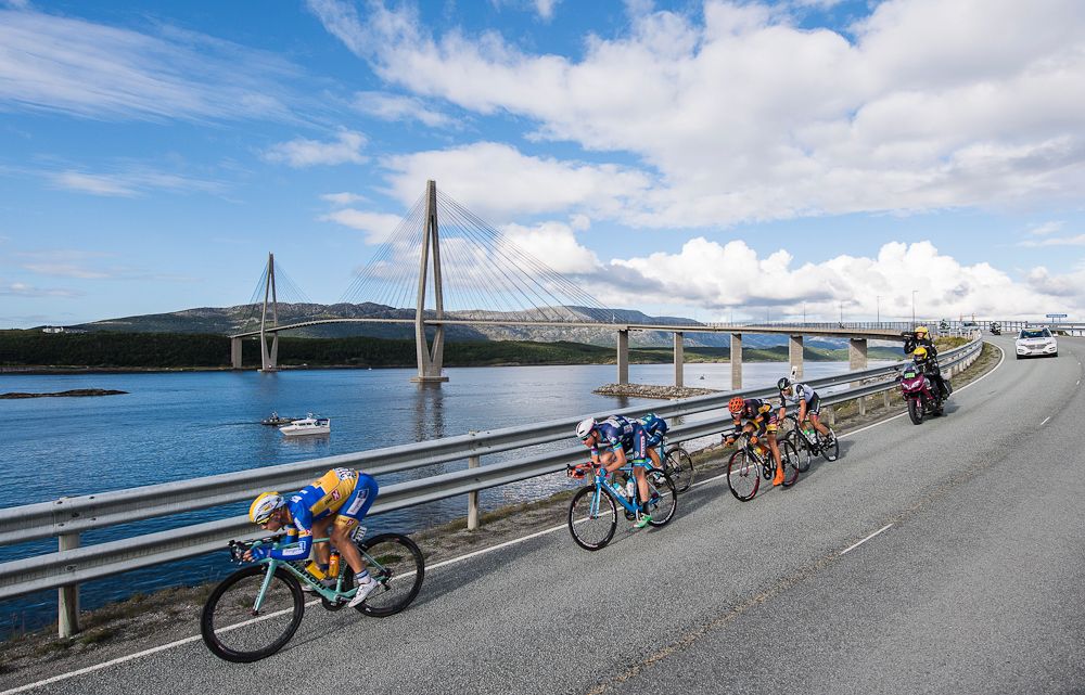 Cyclists ride during the 198,5 km second stage of the Arctic Race of Norway between Mo i Rana and Sandnessjoen