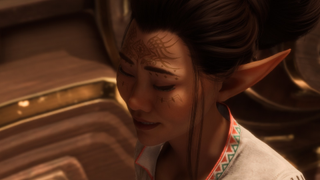 Bellara, a character from Bioware's Dragon Age: The Veilguard, closes her eyes and looks despondent. 