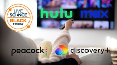 A child operates a remote at a TV from a sofa with various streaming network logos laid on top