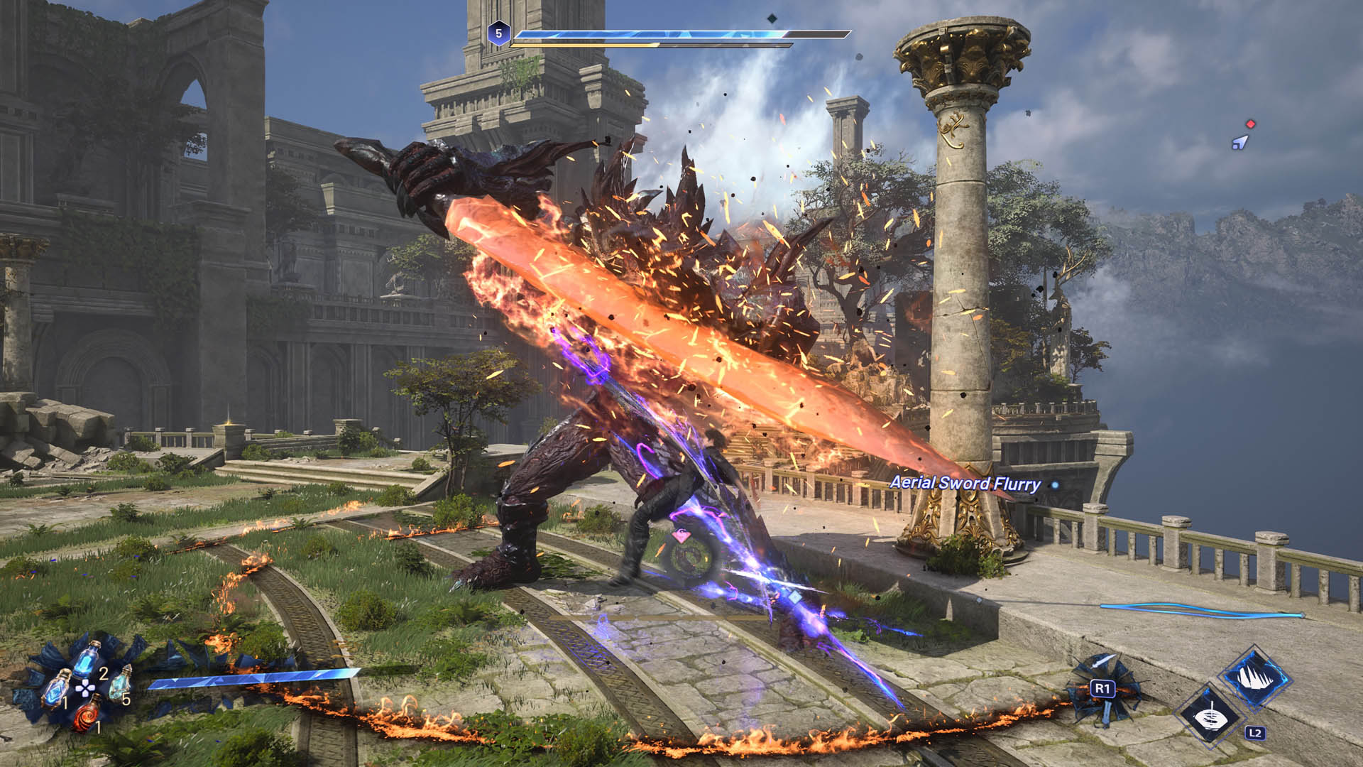 Kaser pefermos a leaping aerial flurry against a Voidrax with a flaming sword in Lost Soul Aside within a jungle temple