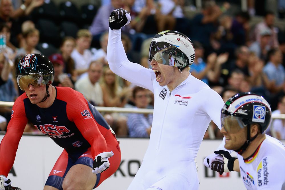 Joachim Eilers of Germany celebrates winning the final of the Mens Keirin