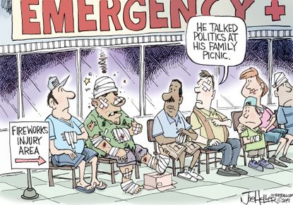 Editorial Cartoon U.S. Fireworks Emergency Room Family Picnic Politics