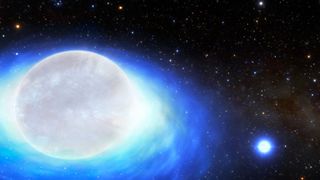An illustration of a rare binary star system consisting of a massive star and a dead neutron star orbiting one another