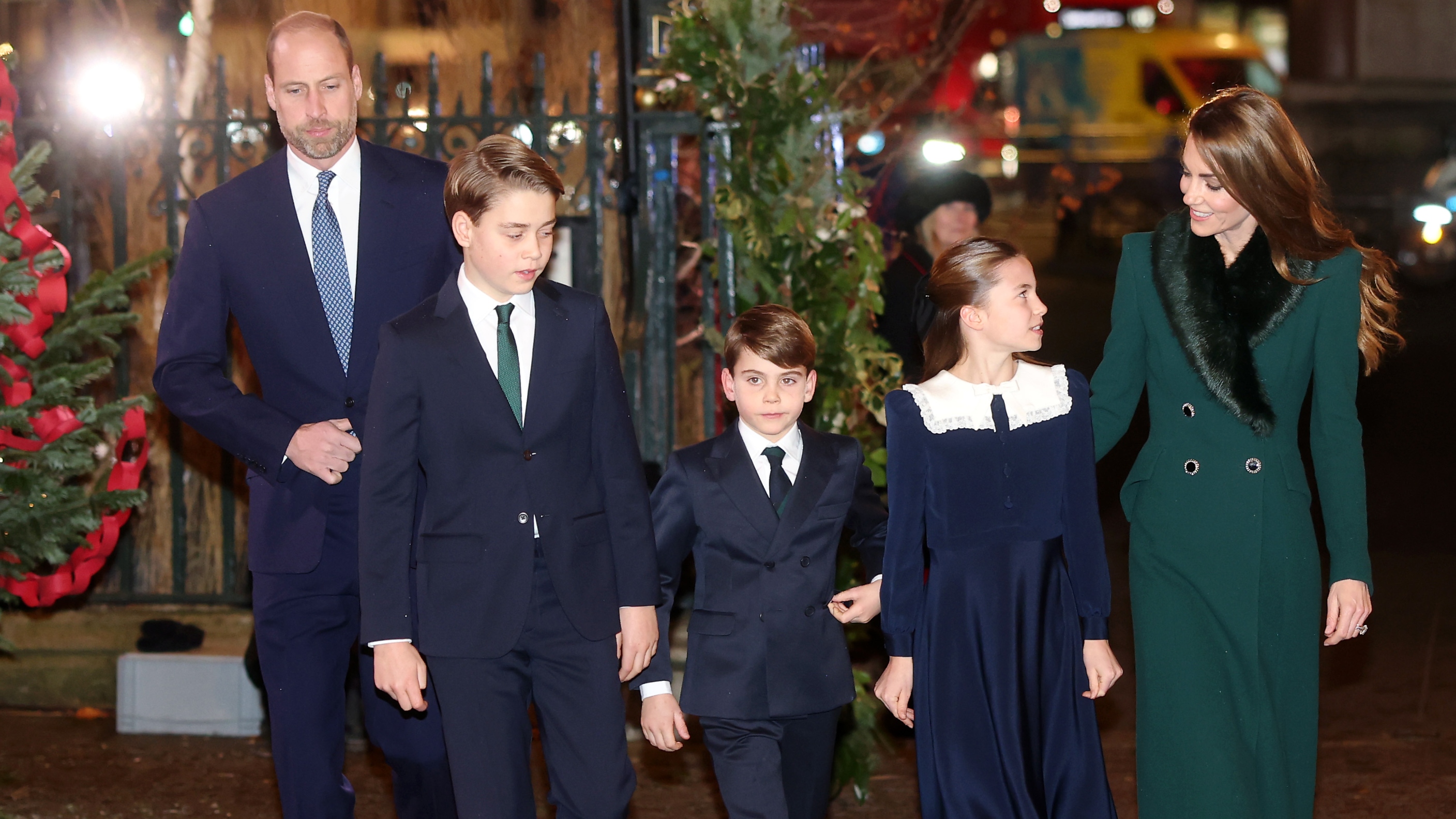 Prince William, Prince George of Wales, Prince Louis of Wales, Princess Charlotte of Wales and Catherine, Princess of Wales attend the 'Together At Christmas' Carol Service at Westminster Abbey on December 05, 2025