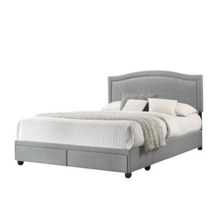 A grey bed with storage