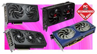 A collage of four different graphics cards against a vibrant pink background, with a PC Gamer Recommended logo in the top right corner.