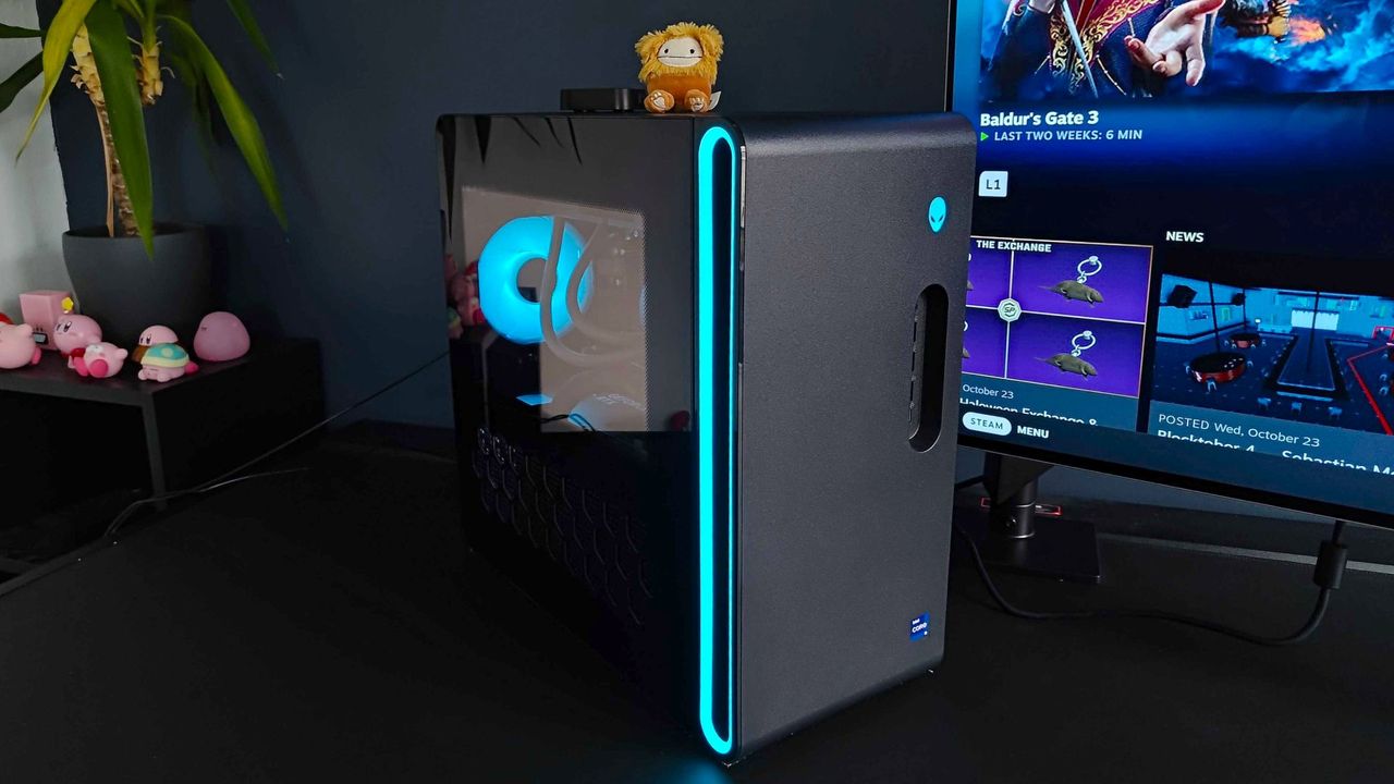 Alienware Aurora R16 gaming PC next to Philips monitor on Secretlab Magnus Pro desk