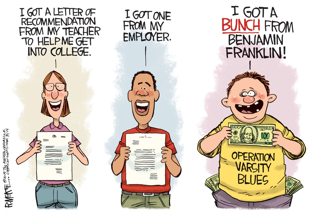 Editorial Cartoon U.S. college admission scheme Operation varsity blues