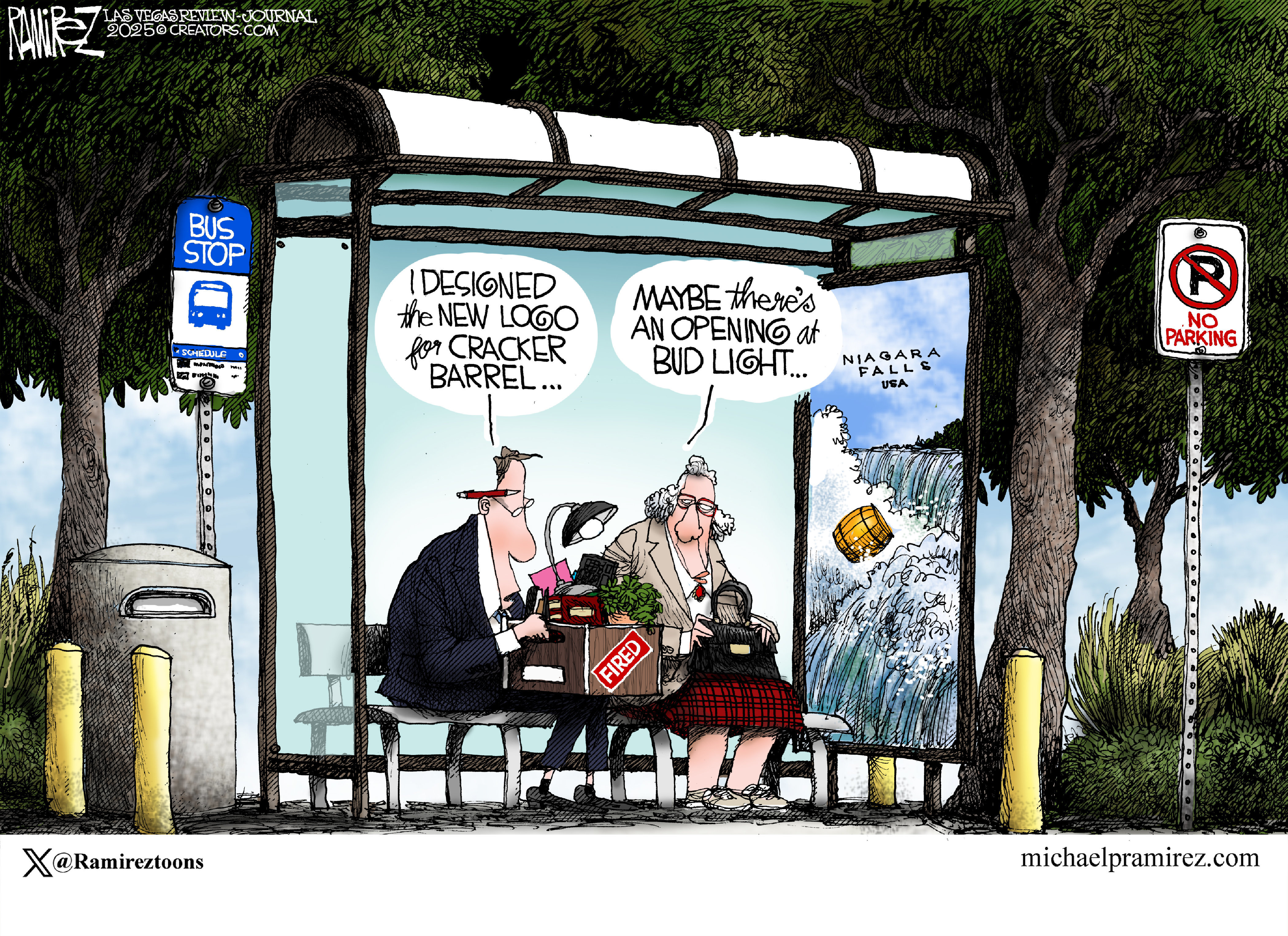 Esta caricatura representa a un hombre con traje y una anciana sentada en una parada de autobús. El hombre tiene una caja de cartón con el contenido de su escritorio en el interior. Allí & rsquo; pegatina sa en la caja que lee & ldquo; Fired & rdquo;. El hombre dice, & ldquo; diseñé el nuevo logotipo para Cracker Barrel & Hellip; & rdquo; La mujer responde, & ldquo; tal vez hay una apertura en Bud Light & Hellip; & rdquo;